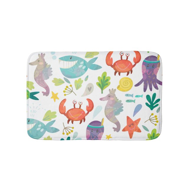 Cute Colourful Cartoon Sea Animals Seamless Patter Bath Mat (Front)