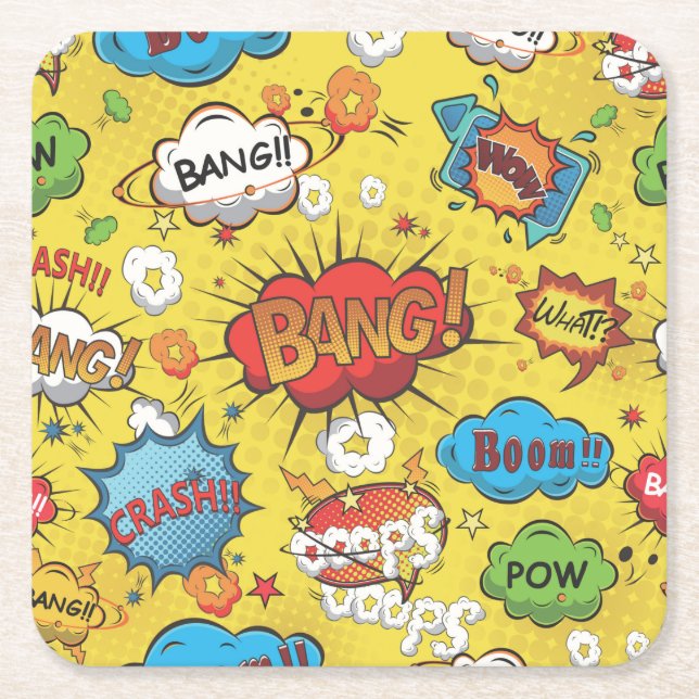 Cute Colourful Cartoon Speech Bubbles Square Paper Coaster (Front)