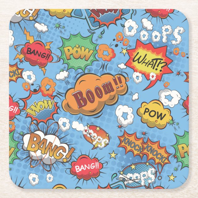 Cute Colourful Cartoon Speech Bubbles Square Paper Coaster (Front)