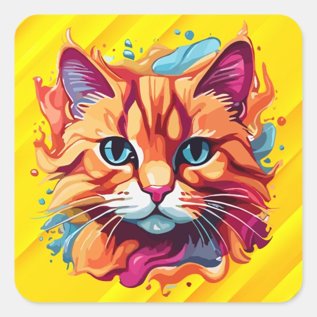  Cute Colourful Cat Face-87002 Square Sticker (Front)