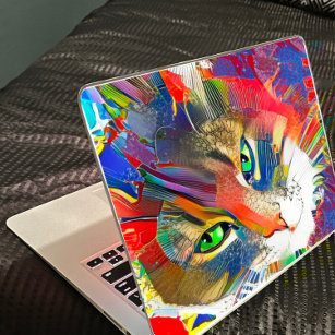 Cute Colourful Cat Green Eyes Laptop skin stickers