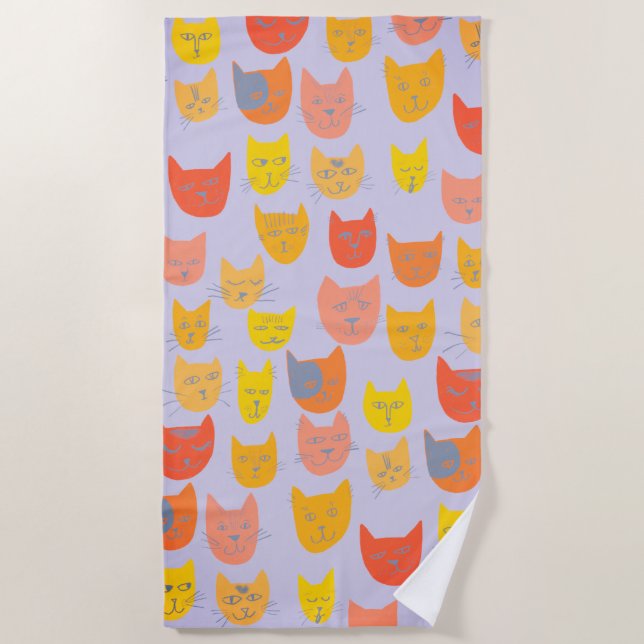 Cute colourful cat heads beach towel (Front)