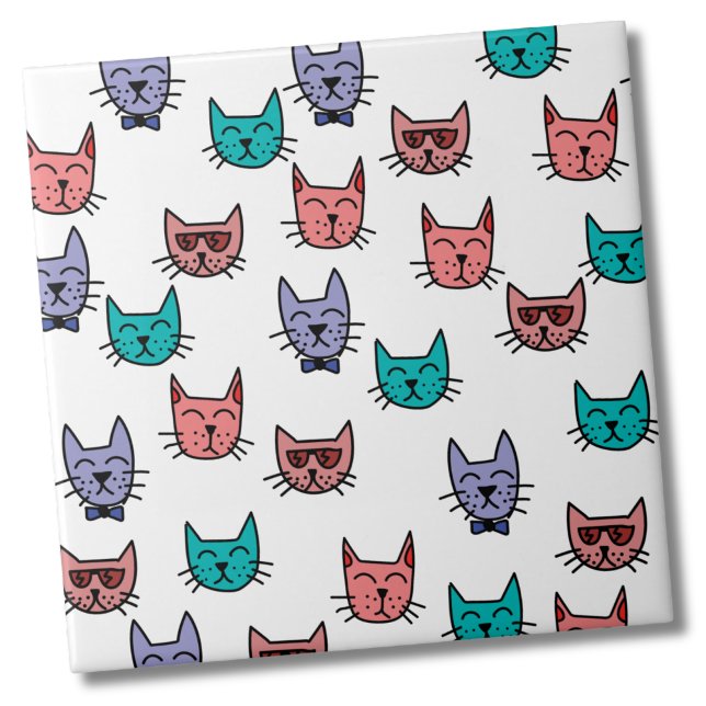 Cute Colourful Cat Pattern Ceramic Tile (Sketch Cat Pattern - Turquoise Pink Purple Ceramic Tile)