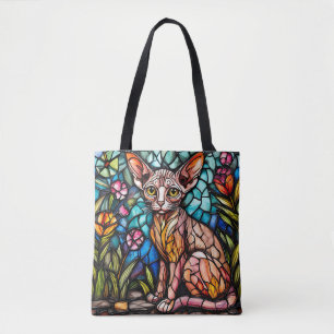 Cute colourful cat stained glass tote bag