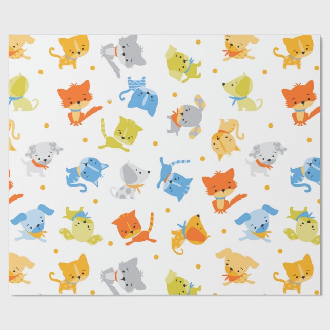 Cute Colourful Cats and Dogs Wrapping Paper (Flat)