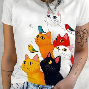 Cute Colourful Cats & Birds Illustration T-Shirt