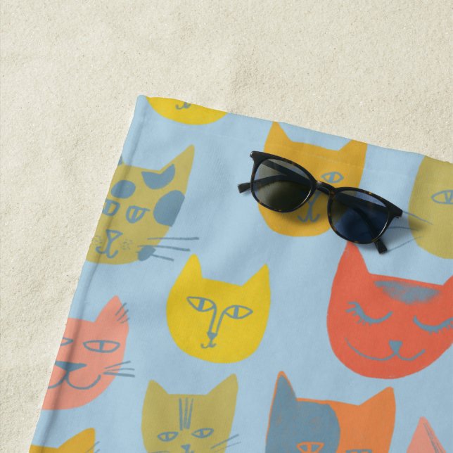 Cute colourful cats blue beach towel (In Situ)