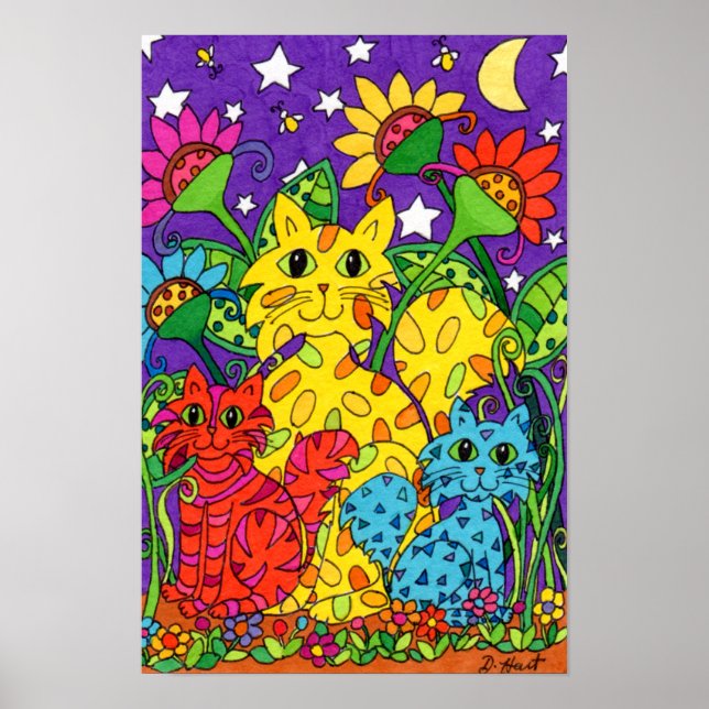Cute Colourful Cats Garden Flowers Moon Drawing Poster (Front)