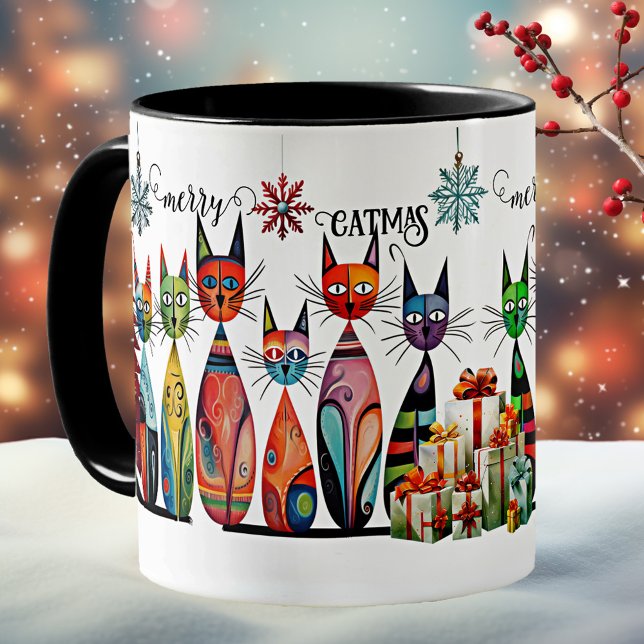 Cute Colourful Cats Merry Christmas  Coffee Mug (A whimsical and artistic mug featuring an illustration of cute colorful cats with Christmas trees)