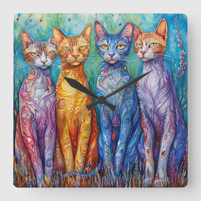 Cute colourful cats painting square wall clock (Front)