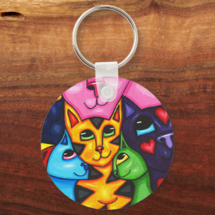 Cute Colourful Cats whimsical Art Original paintin Key Ring