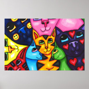 Cute Colourful Cats whimsical Art Original paintin Poster