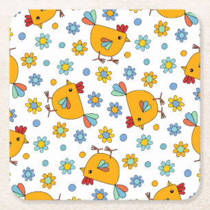 Cute colourful chicken and flower square paper coaster