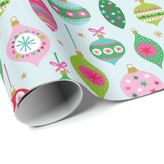 Cute Colourful Christmas Baubles on light blue Wrapping Paper (Roll Corner)
