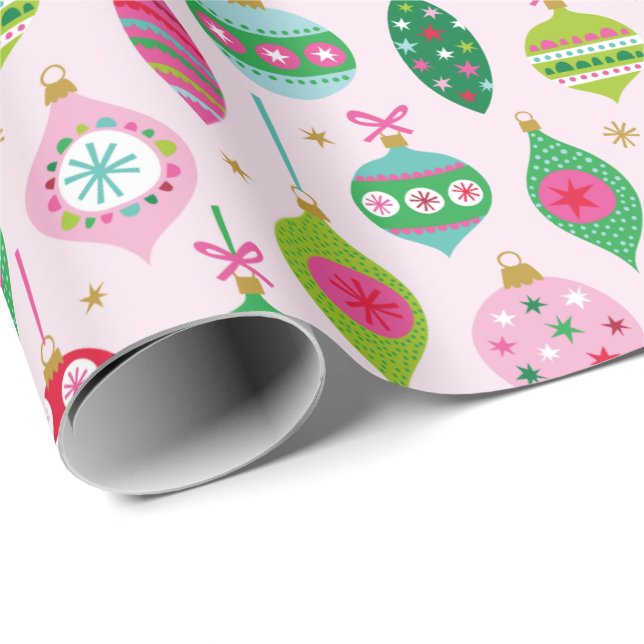 Cute Colourful Christmas Baubles on light pink Wrapping Paper (Roll Corner)