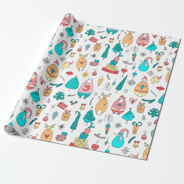 Cute Colourful Christmas Cartoon Animals Pattern Wrapping Paper (Unrolled)