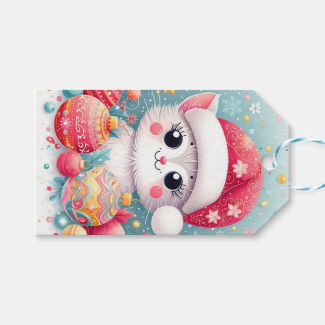 Cute, colourful Christmas cat Gift Tag (Front (Horizontal))