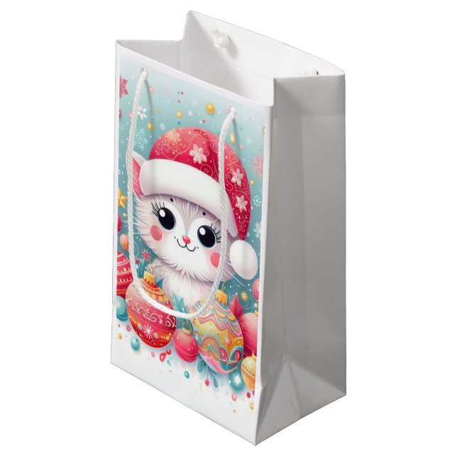 Cute, Colourful Christmas cat  Small Gift Bag (Front Angled)