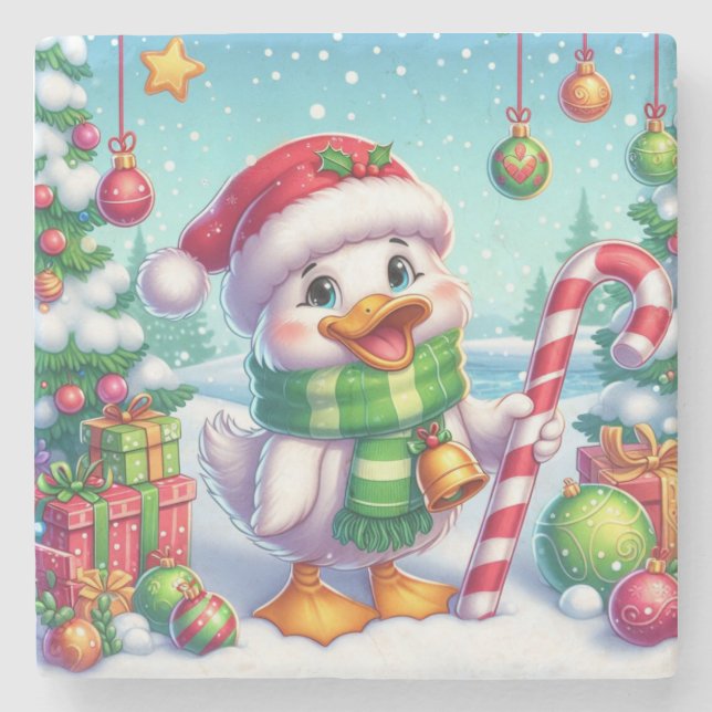 Cute Colourful Christmas duck Stone Coaster (Front)