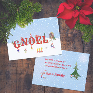 Cute Colourful Christmas Gnomes G-Noel Typography Holiday Card