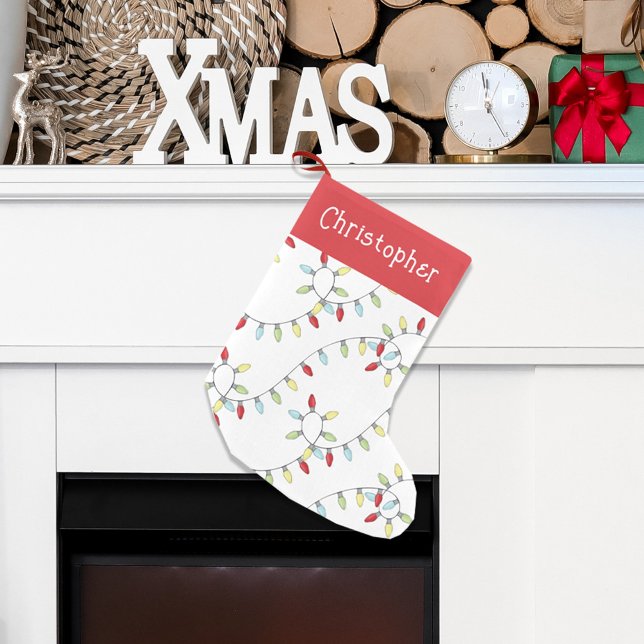 Cute Colourful Christmas String Lights Whimsical Small Christmas Stocking (Christmas String of lights whimsical custom stocking. )