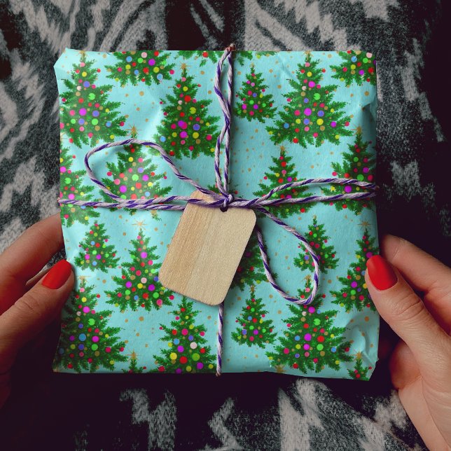 Cute colourful Christmas trees blue Wrapping Paper (Creator Uploaded)