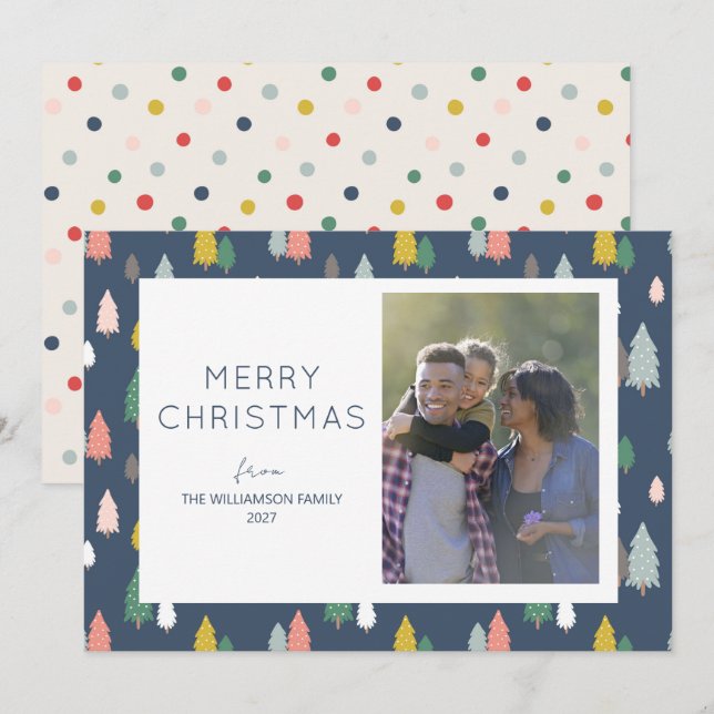 Cute Colourful Christmas Trees Modern Custom Photo Holiday Card (Front/Back)