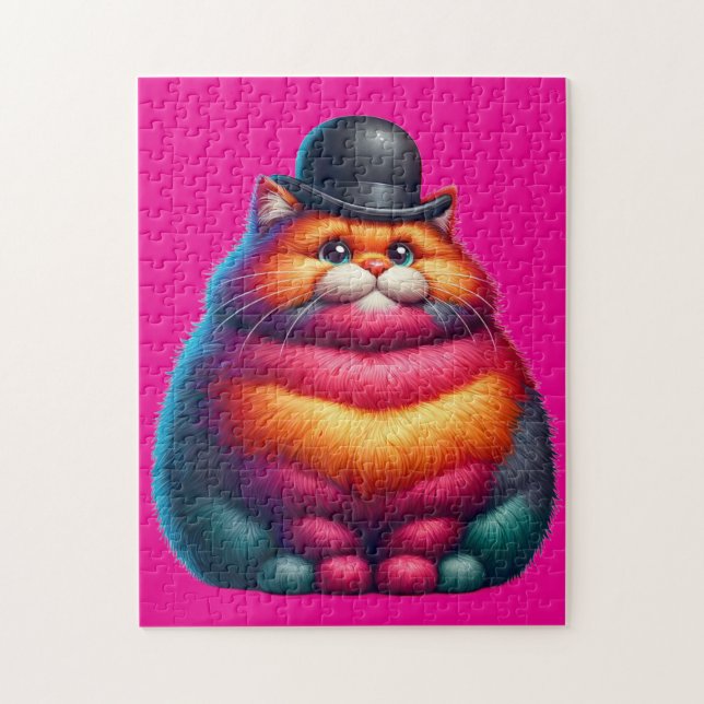 Cute Colourful Chubby Cat with Bowler Hat Jigsaw Puzzle (Vertical)