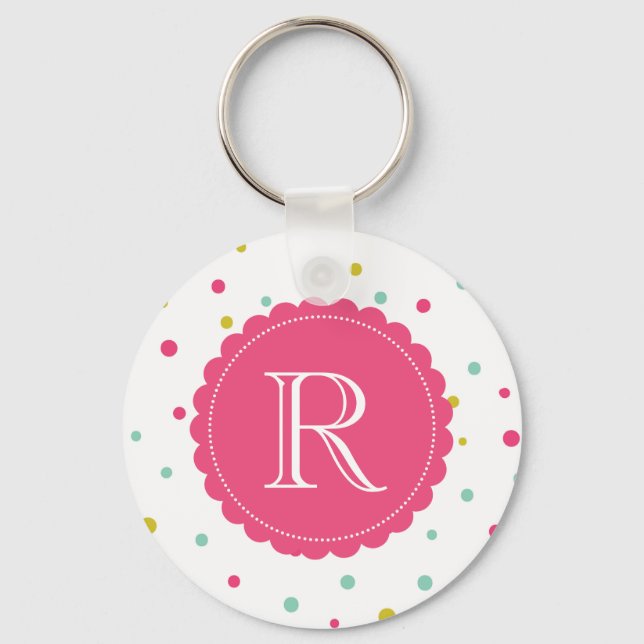 Cute Colourful Confetti Dots Pattern Monogram Key Ring (Front)