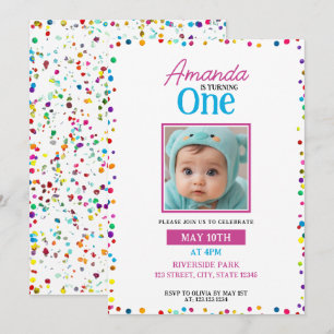 Cute Colourful Confetti Photo 1st Birthday Invitation