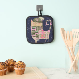 Cute Colourful Cosy Cat in Snowfall Oven Mitt Pot Holder