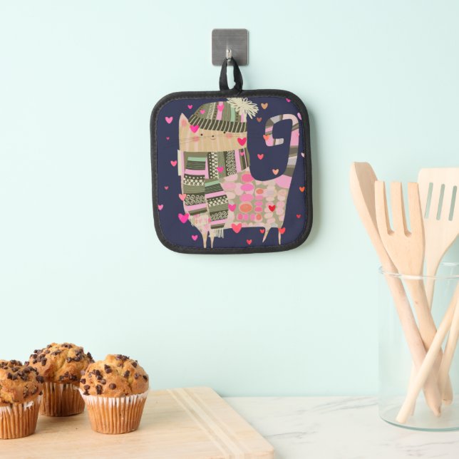 Cute Colourful Cosy Cat with Hearts Oven Mitt Pot Holder (Insitu(Hanging))