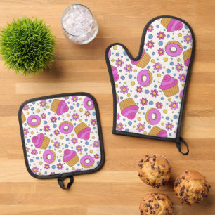Cute colourful cupcake, flower and bagel oven mitt & pot holder set