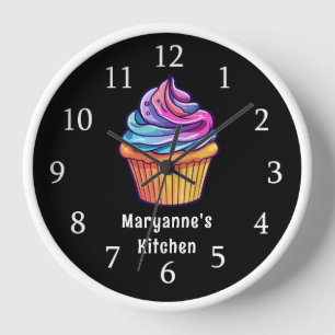 Cute Colourful Cupcake On Black Custom Kitchen  Clock