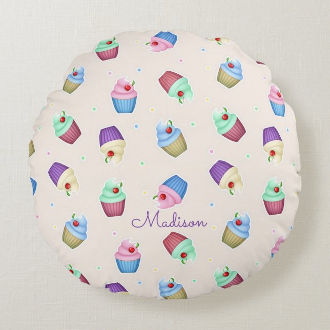 Cute Colourful Cupcakes Round Cushion (Front)
