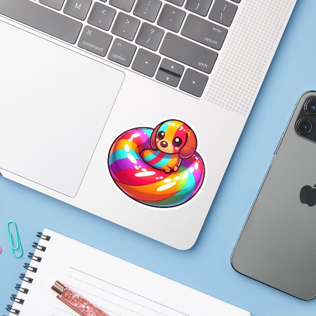 Cute Colourful dachshund in Rainbow Pool Float (Laptop w/ iPhone)