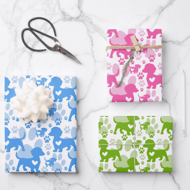 Cute Colourful Dachshunds Wrapping Paper Set of 3 (Front)