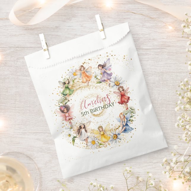 Cute Colourful Dancing Floral Fairies Gold Glitter Favour Bag (Clipped)