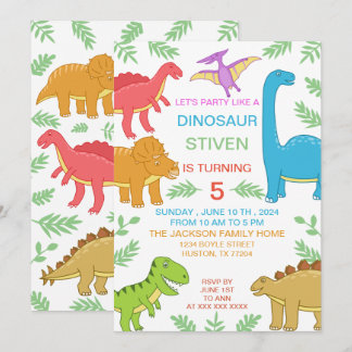 Cute Colourful Dinosaur Birthday Invitation