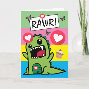 Cute Colourful Dinosaur Butterfly Kids Birthday Card