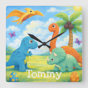 Cute Colourful Dinosaur Friends Kids  Square Wall Clock