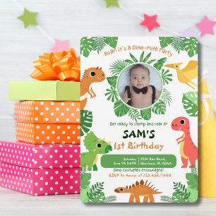 Cute Colourful Dinosaur Kids First Birthday Photo Invitation