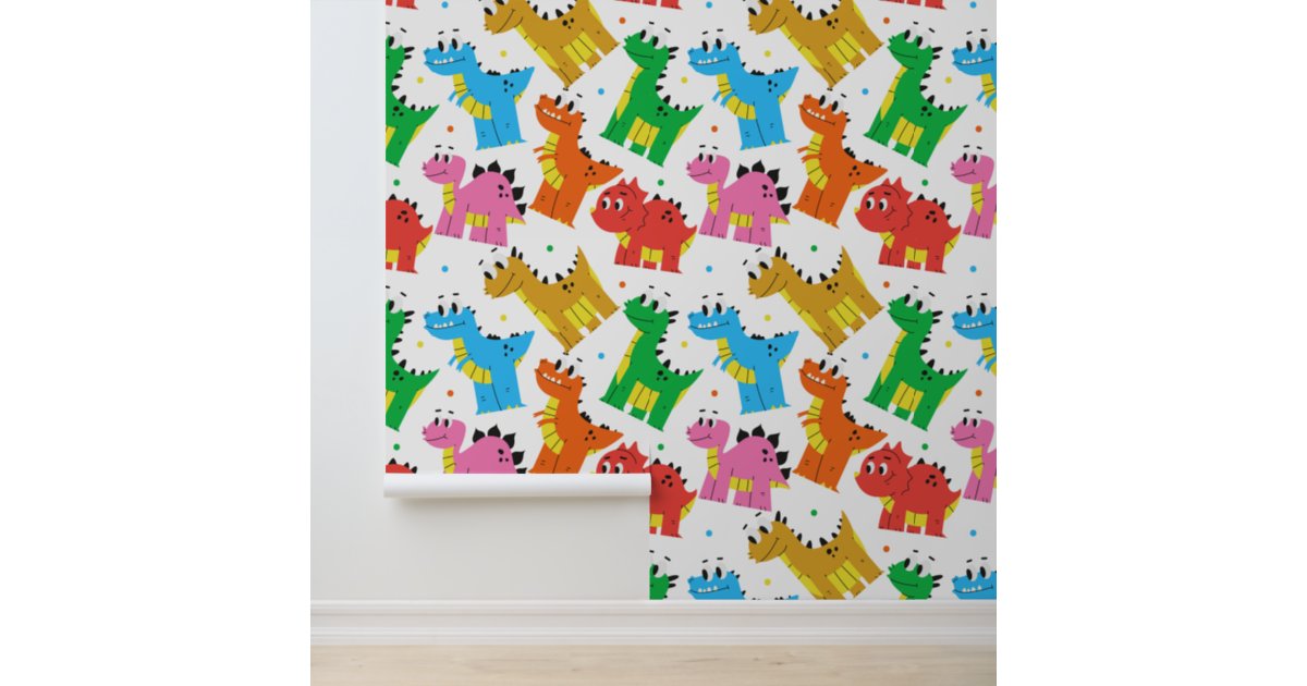 Cute Colourful Dinosaur Modern Kids Pattern Wallpaper Zazzle