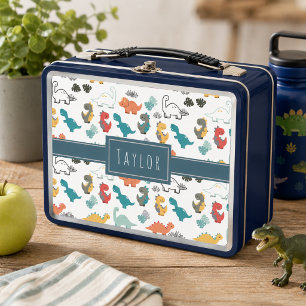 Cute Colourful Dinosaur Pattern Kids Name Metal Lunch Box