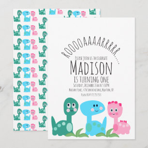 Cute Colourful Dinosaur Pink Gree Blue Birthday Invitation