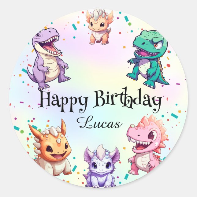 Cute colourful dinosaur School kids Birthday party Classic Round Sticker (Front)
