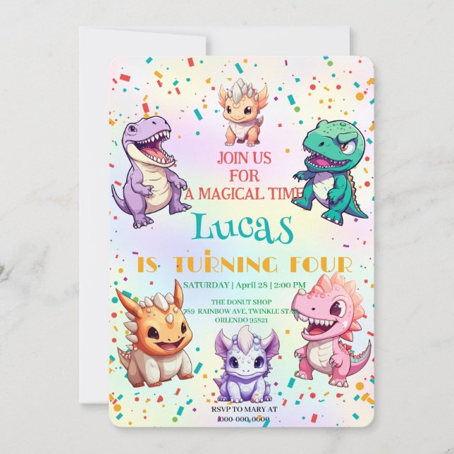Cute colourful dinosaur School kids Birthday party Invitation (Front)
