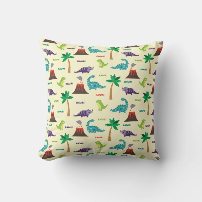 Cute Colourful Dinosaurs and Volcanos Cushion (Front)
