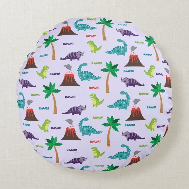 Cute Colourful Dinosaurs and Volcanos Round Cushion (Front)