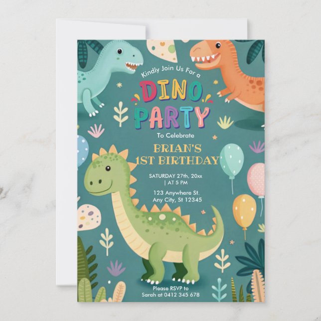 Cute Colourful Dinosaurs Boy First Birthday  Invitation (Front)